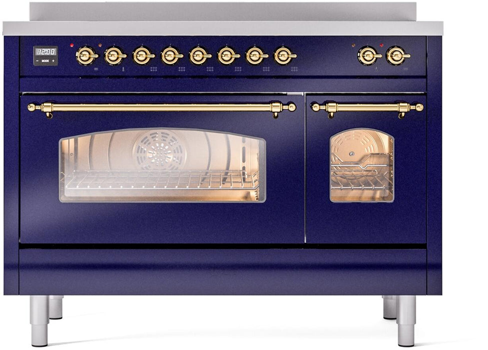 ILVE Nostalgie II 48" Electric Range, Blue, Brass Trim UPI486NMPMBG