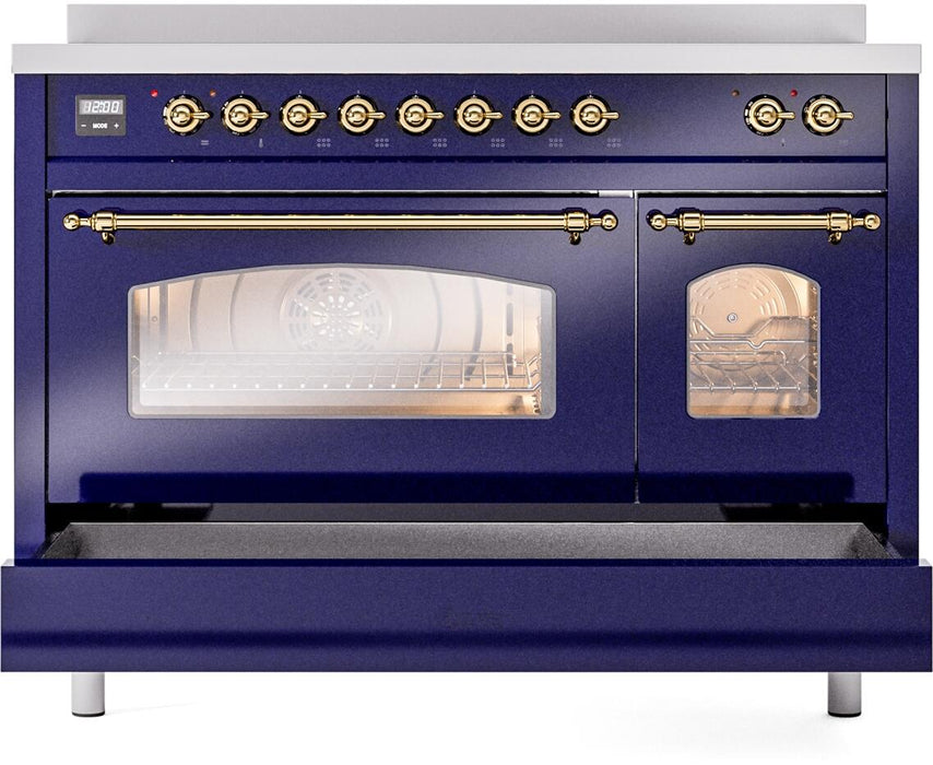 ILVE Nostalgie II 48" Electric Range, Blue, Brass Trim UPI486NMPMBG