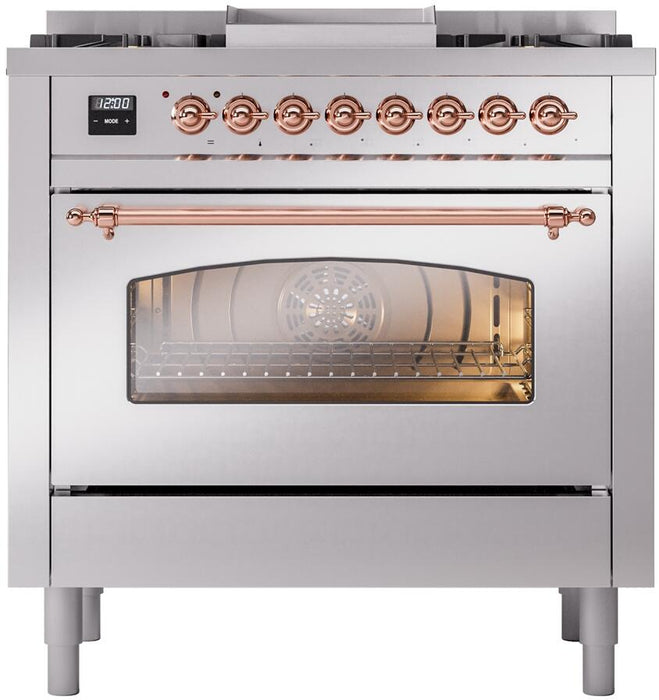 ILVE Nostalgie II 36" Dual Fuel Liquid Propane Range, Stainless Steel, Copper Trim UP36FNMPSSPLP