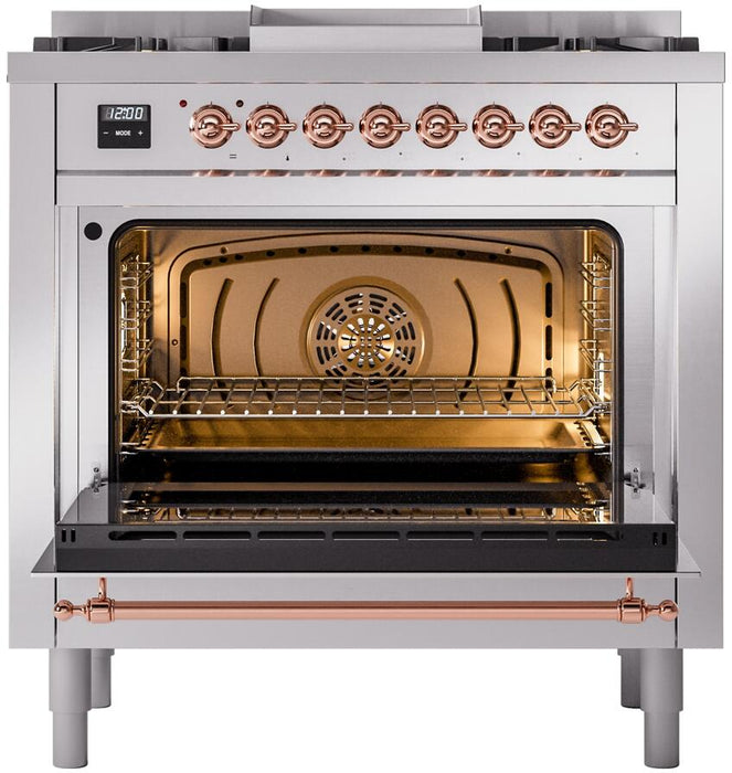ILVE Nostalgie II 36" Dual Fuel Liquid Propane Range, Stainless Steel, Copper Trim UP36FNMPSSPLP
