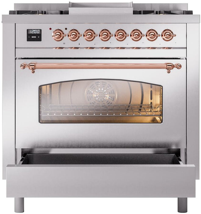 ILVE Nostalgie II 36" Dual Fuel Natural Gas Range, Stainless Steel, Copper Trim UP36FNMPSSP