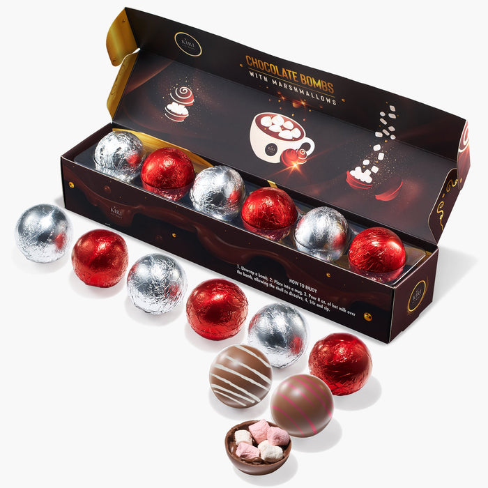 Hot Chocolate Bombs - Set of 6-2 Flavors White & Red Swirl Design Caramel & Fudge Brownie Candy Chocolates - Delicious Cocoa Bombs Filled with Marshmallows - Gift Melting Marshmallow Delicious Gifts