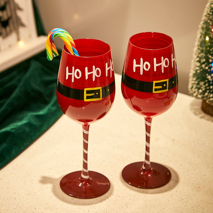 Ho Ho Ho Santa's Christmas Stemmed Wine & Water Glasses - Set of 2 - HoHoHo, Red & Black, 9" H - Holiday Parties Glassware - Xmas Tree - Set of 2, 17.5oz - Merry Christmas Santa Festive Glass