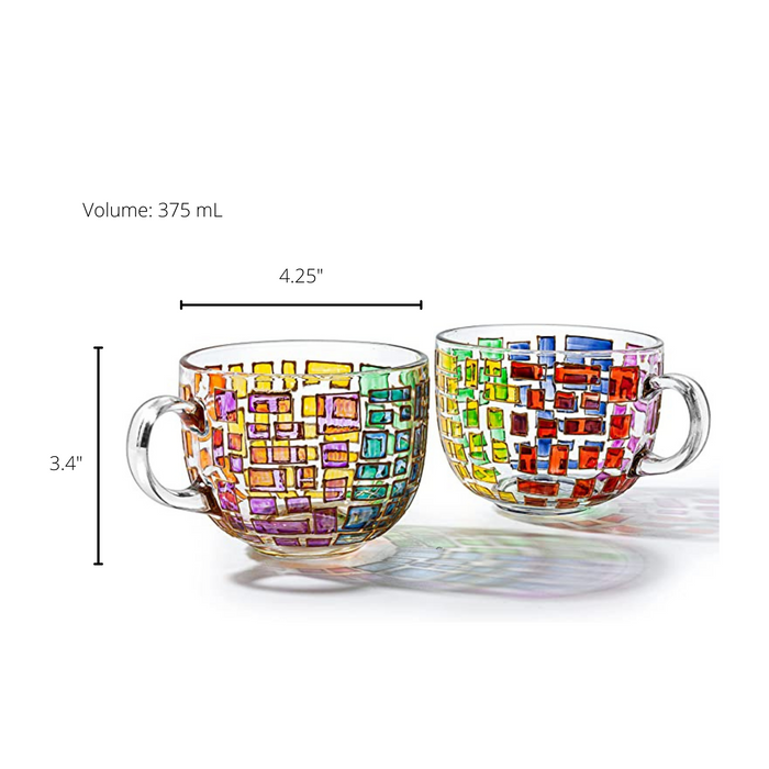 The Wine Savant Renaissance Stained Glass Windows Mugs, Artisanal Hand Painted Set of 2 - Gift Idea for Her, Him, Birthday, Mom, Housewarming - Art Deco Coffee and Tea Set 3.5" H X 4" W (Mugs)