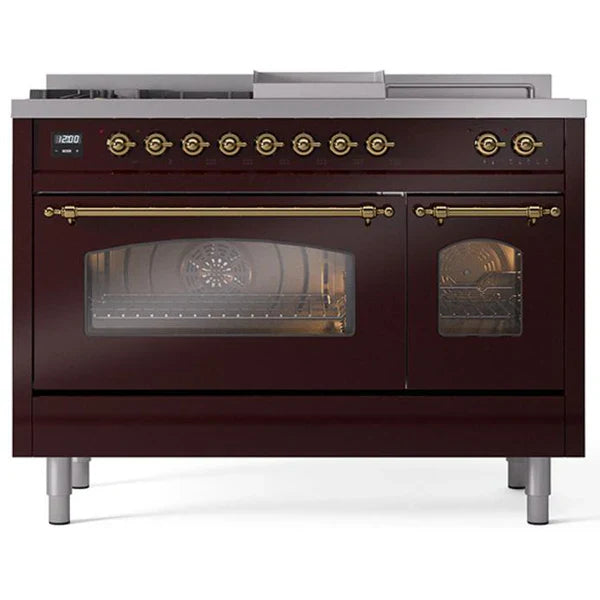 ILVE Nostalgie II 48"  Dual Fuel Natural Gas Range Burgundy Brass Trim UP48FSNMPBUG