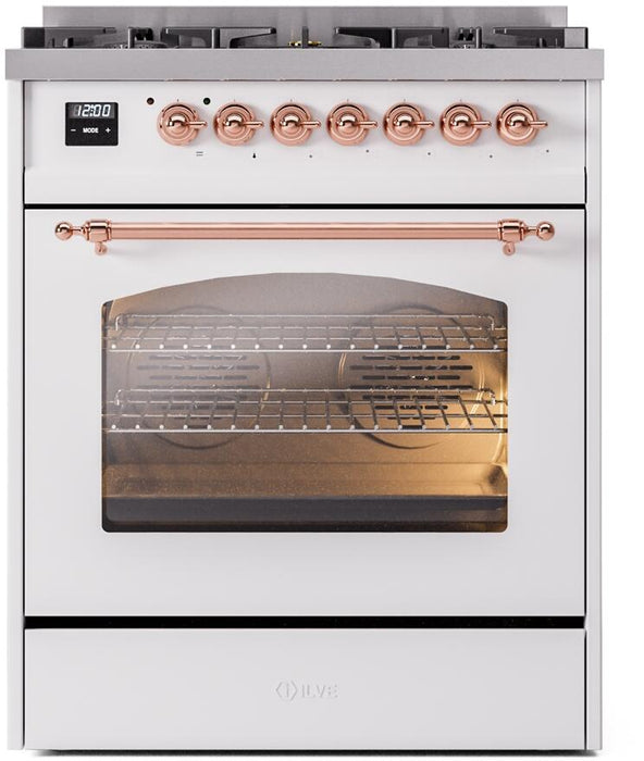 ILVE Nostalgie II 30" Dual Fuel Liquid Propane Range, White, Copper Trim UP30NMPWHPLP