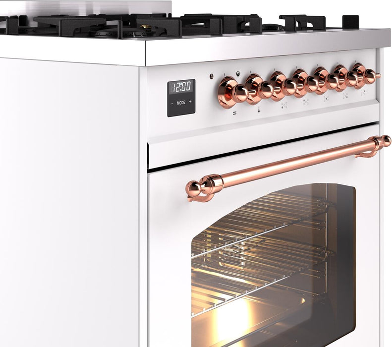 ILVE Nostalgie II 30" Dual Fuel Natural Gas Range, White, Copper Trim UP30NMPWHP