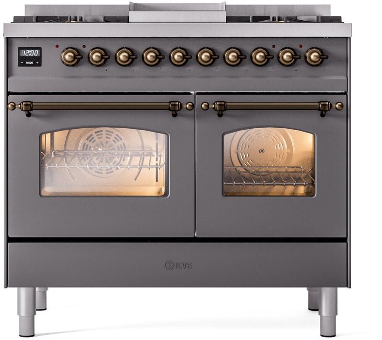ILVE Nostalgie II 40" Dual Fuel Liquid Propane Range, Matte Graphite, Bronze Trim UPD40FNMPMGBLP