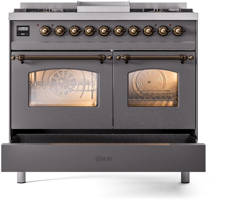 ILVE Nostalgie II 40" Dual Fuel Liquid Propane Range, Matte Graphite, Bronze Trim UPD40FNMPMGBLP