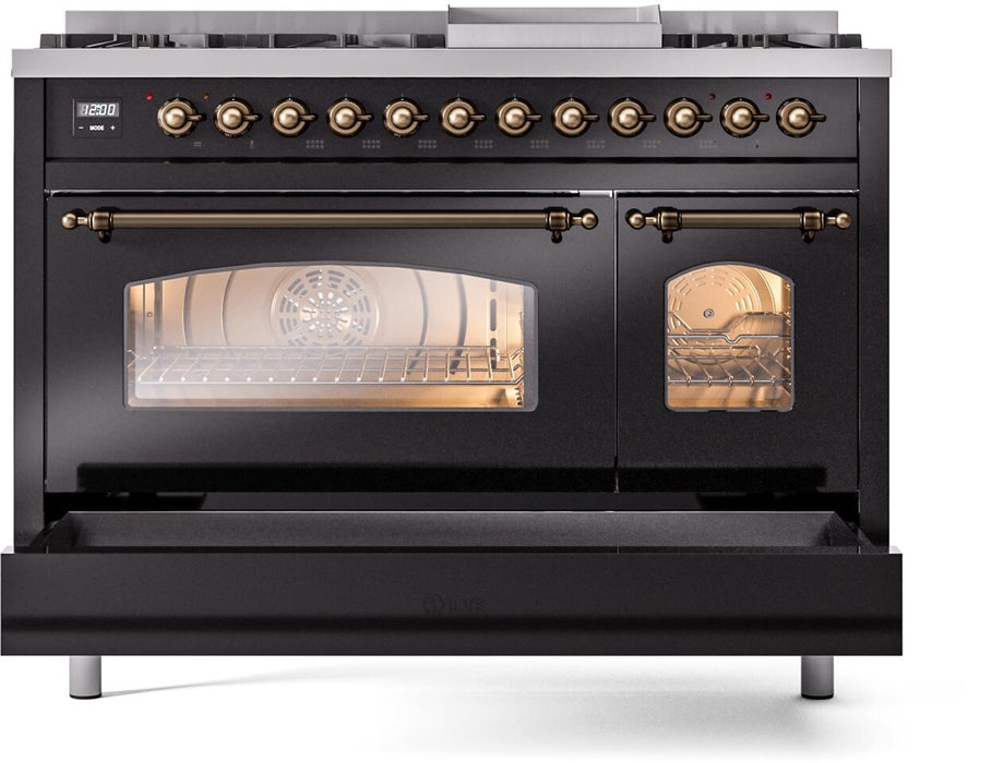 ILVE Nostalgie II 48" Dual Fuel Liquid Propane Range, Glossy Black, Bronze Trim UP48FNMPBKBLP