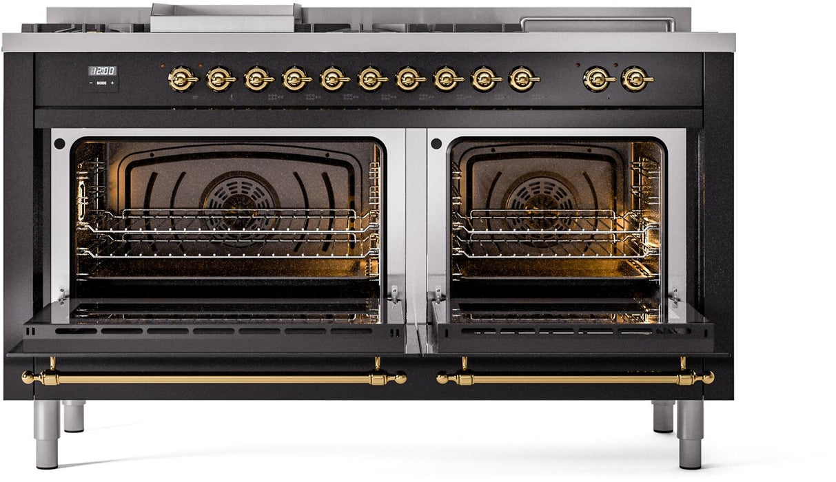 ILVE Nostalgie II 60" Dual Fuel Liquid Propane Range, Glossy Black, Brass Trim UP60FSNMPBKGLP