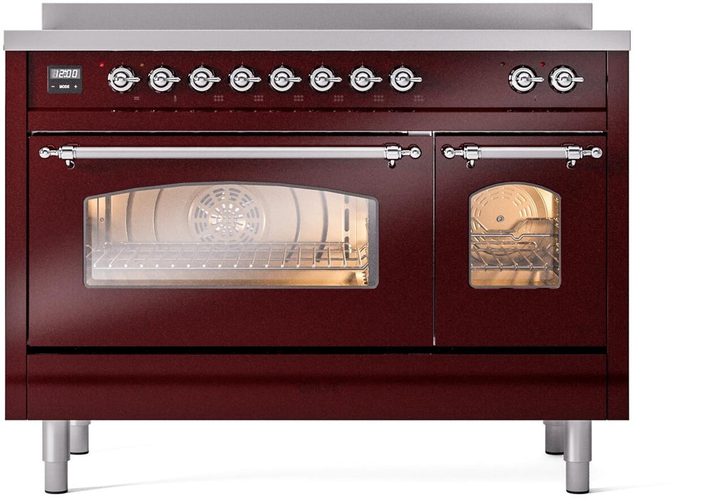 ILVE Nostalgie II 48" Electric Range, Burgundy, Chrome Trim UPI486NMPBUC