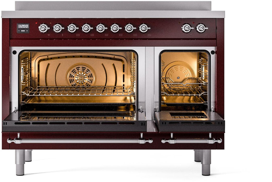 ILVE Nostalgie II 48" Electric Range, Burgundy, Chrome Trim UPI486NMPBUC