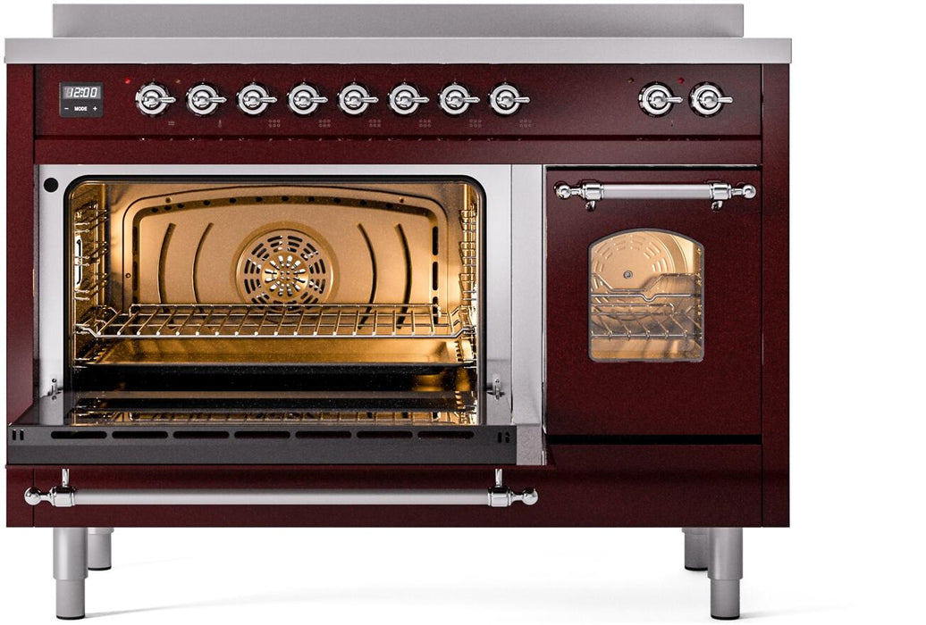 ILVE Nostalgie II 48" Electric Range, Burgundy, Chrome Trim UPI486NMPBUC