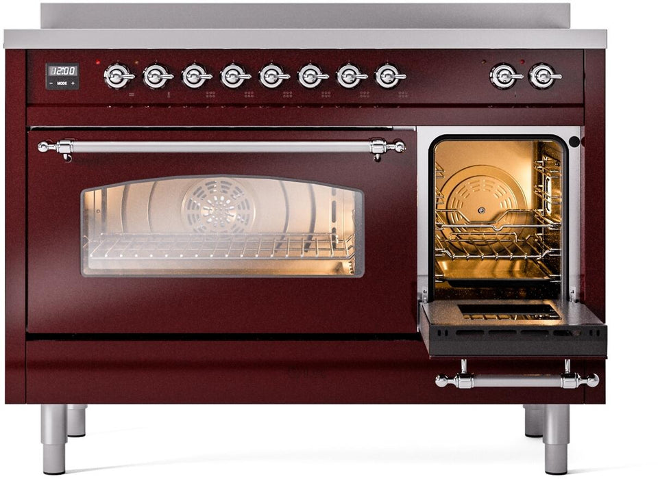 ILVE Nostalgie II 48" Electric Range, Burgundy, Chrome Trim UPI486NMPBUC