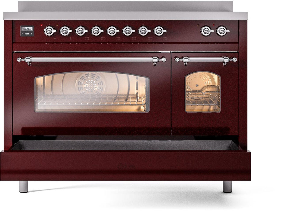 ILVE Nostalgie II 48" Electric Range, Burgundy, Chrome Trim UPI486NMPBUC