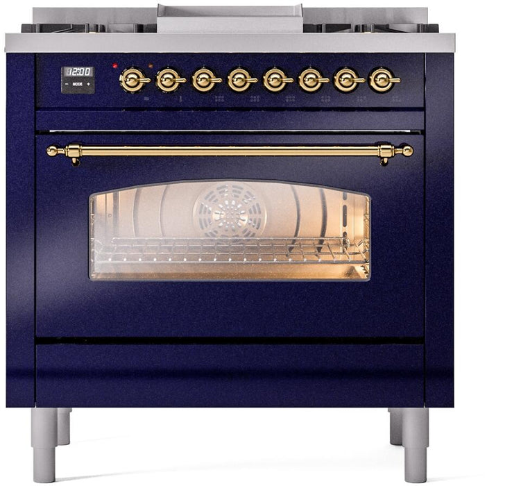 ILVE Nostalgie II 36" Dual Fuel Liquid Propane Range, Blue, Brass Trim UP36FNMPMBGLP