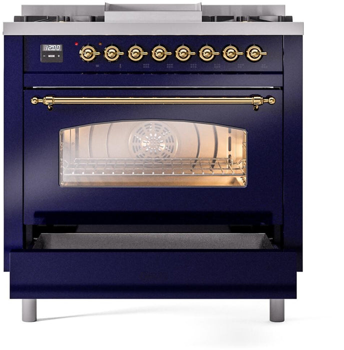 ILVE Nostalgie II 36" Dual Fuel Liquid Propane Range, Blue, Brass Trim UP36FNMPMBGLP