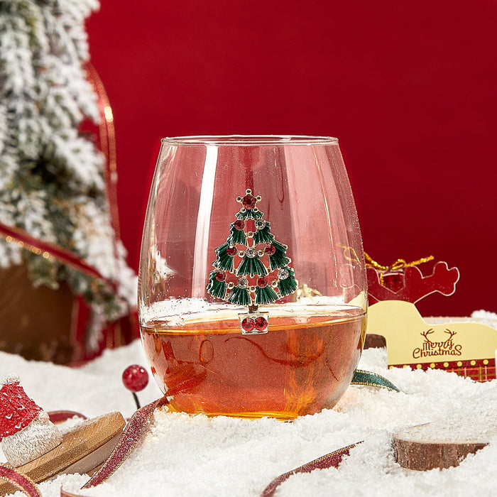 Stemless Christmas Tree Wine Glasses - Set of 2 - Christmas Cheer for Holiday Gift and Winter Season - 18 oz Stemless Decorated Tree Ornament Wine Tumblers for Holiday Season and Winter 4.7" H