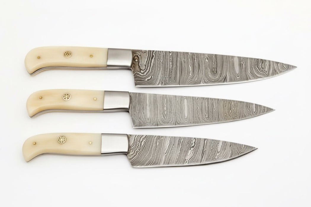 Handmade Damascus 3-Piece Kitchen Knife Set with Bone Handles, Slicing Carving and Chef Knives