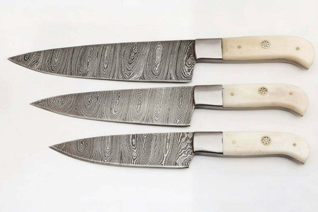 Handmade Damascus 3-Piece Kitchen Knife Set with Bone Handles, Slicing Carving and Chef Knives
