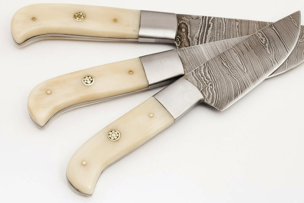 Handmade Damascus 3-Piece Kitchen Knife Set with Bone Handles, Slicing Carving and Chef Knives