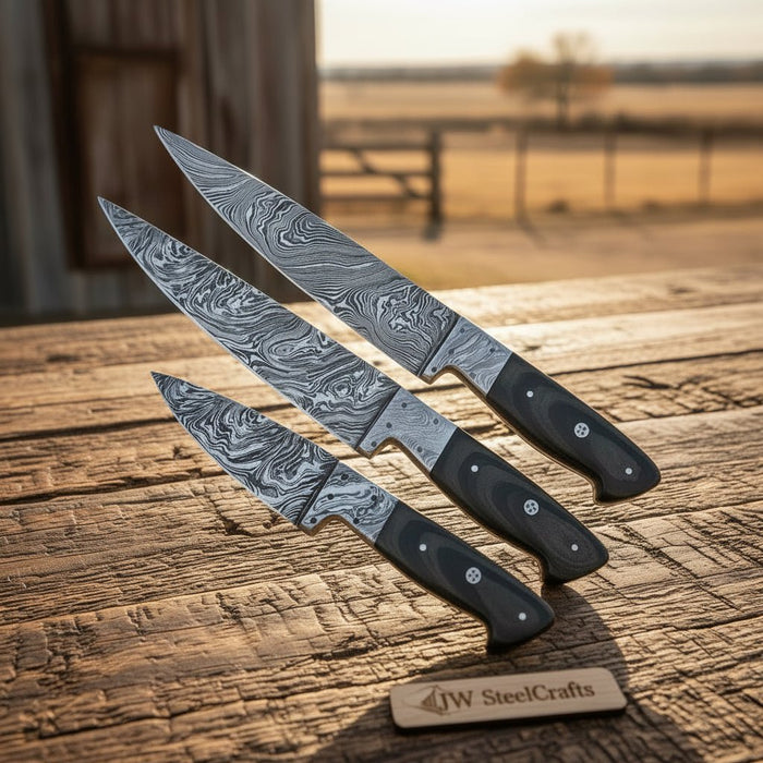 3 pcs Handmade Damascus Chef Knife Set, Professional Grade Black Micarta Handle Knives