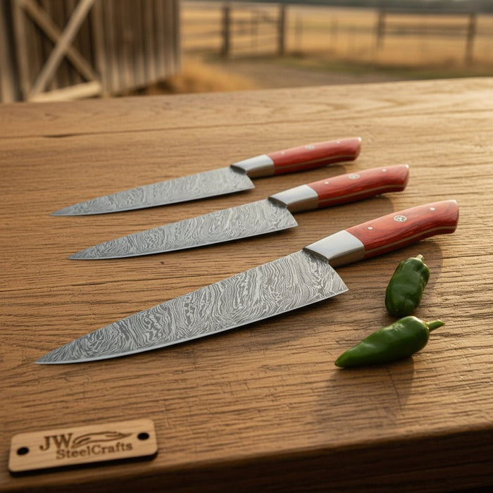 3 Piece Handmade Damascus Kitchen Knife Set, Chef Knife, Utility Knife and Paring Knife, Red Pakka Wood Handle Professional Cutlery JW SteelCrafts