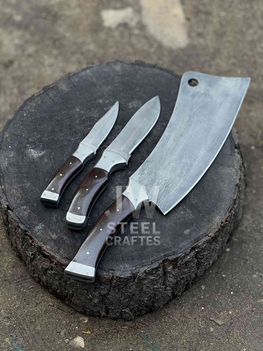 3-Piece High Carbon Steel Kitchen Knife Set — Cleaver, Chef & Paring Knife with Dark Rosewood Handles & Leather Sheaths
