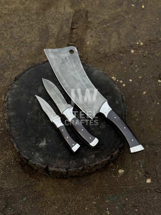 3-Piece High Carbon Steel Kitchen Knife Set — Cleaver, Chef & Paring Knife with Dark Rosewood Handles & Leather Sheaths