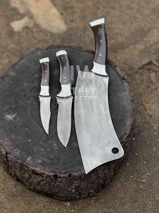3-Piece High Carbon Steel Kitchen Knife Set — Cleaver, Chef & Paring Knife with Dark Rosewood Handles & Leather Sheaths
