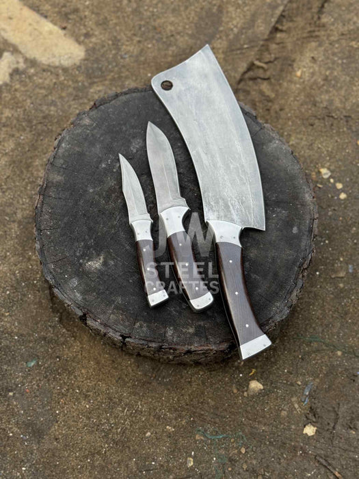3-Piece High Carbon Steel Kitchen Knife Set — Cleaver, Chef & Paring Knife with Dark Rosewood Handles & Leather Sheaths