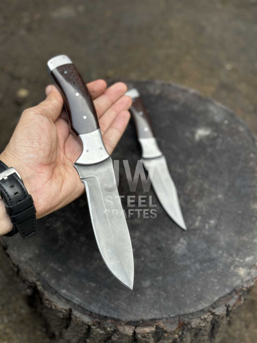 3-Piece High Carbon Steel Kitchen Knife Set — Cleaver, Chef & Paring Knife with Dark Rosewood Handles & Leather Sheaths