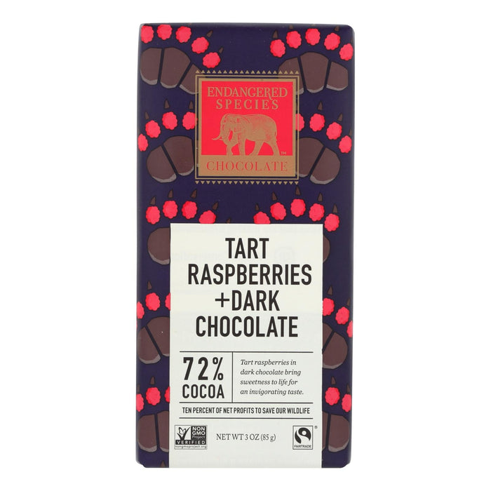 Endangered Species Dark Chocolate Bars (Pack of 12) - Natural, 72% Cocoa with Raspberries - 3 Oz.