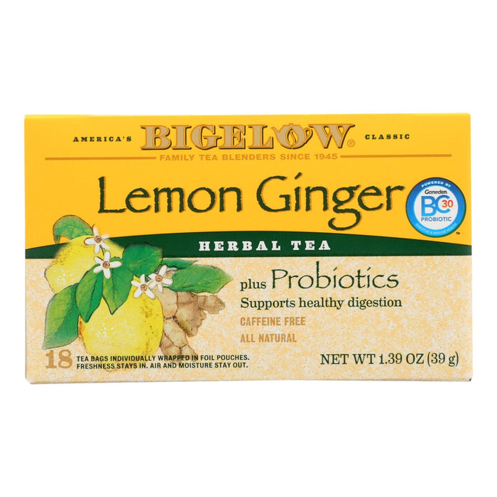 Bigelow Lemon & Ginger Plus Herbal Tea, 18 Tea Bags, Pack of 6