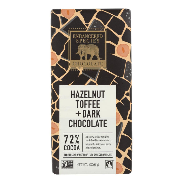 Endangered Species Dark Chocolate Bars (Pack of 12) - Natural, 72% Cocoa with Hazelnut Toffee - 3 Oz Each