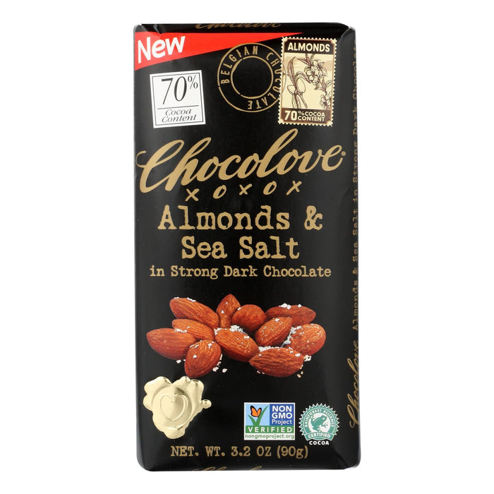 Chocolove Xoxox Premium Almond Sea Salt Enhanced Dark Chocolate 70% Cacao (Pack of 12 - 3.2 Oz. Bars)