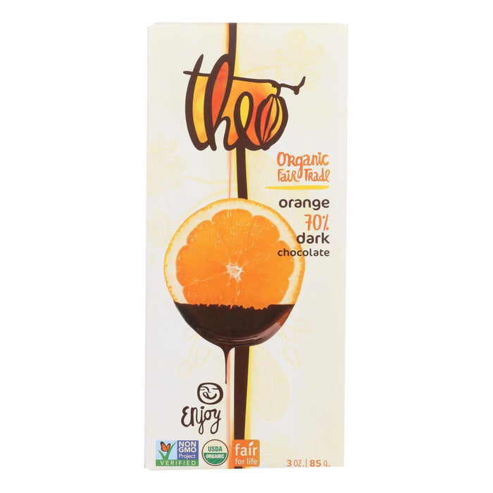 Organic Theo Chocolate Bar - Classic Dark (70% Cacao) with Orange - 3 Oz Bars (Pack of 12)