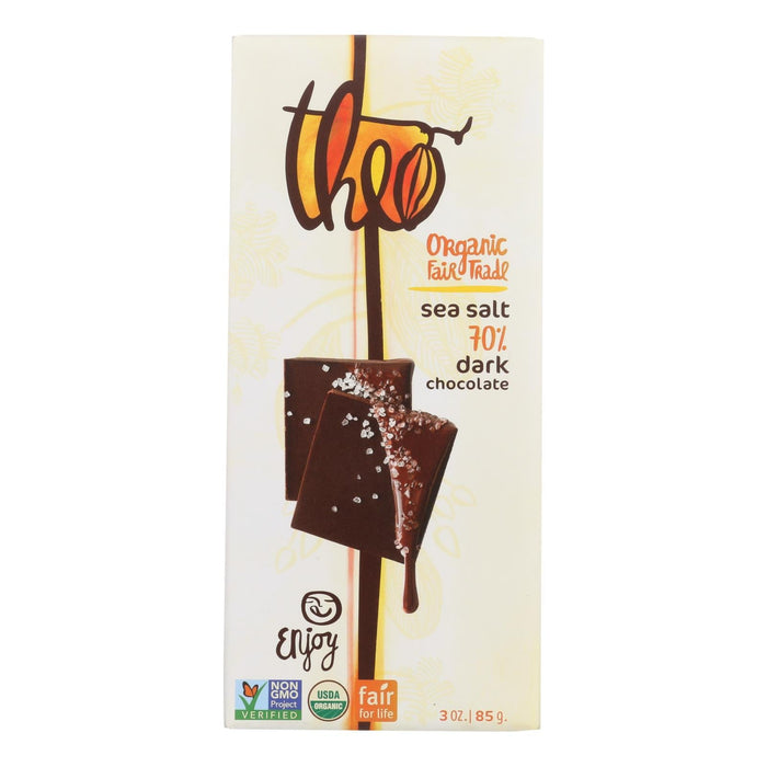 Organic Theo Dark Chocolate Bar (70% Cacao) with Sea Salt - 3 Oz Bars (Pack of 12)