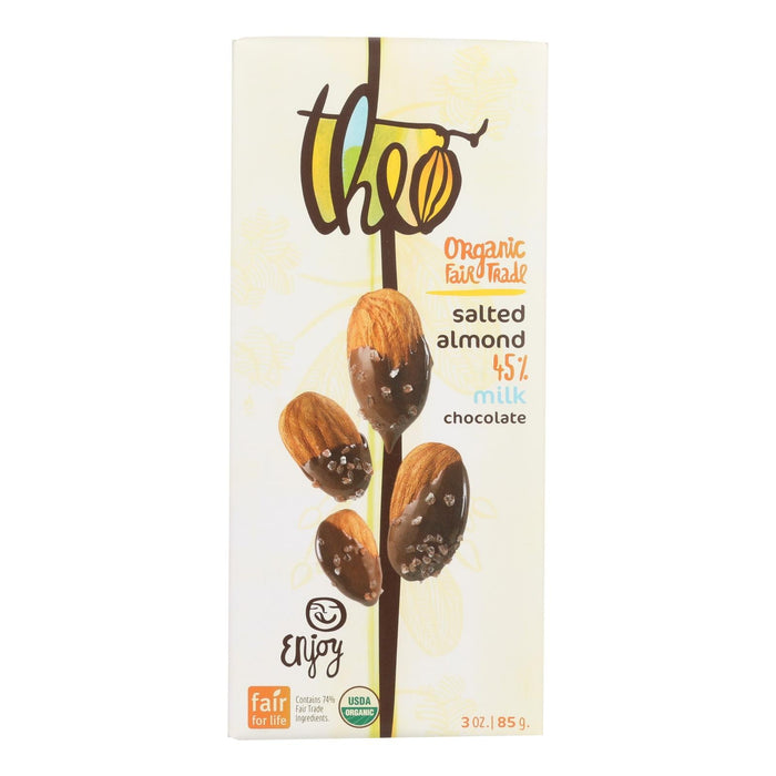 Theo Organic Chocolate Bar - Classic Milk (45% Cacao) Salted Almond - 3 Oz Bars (Pack of 12)