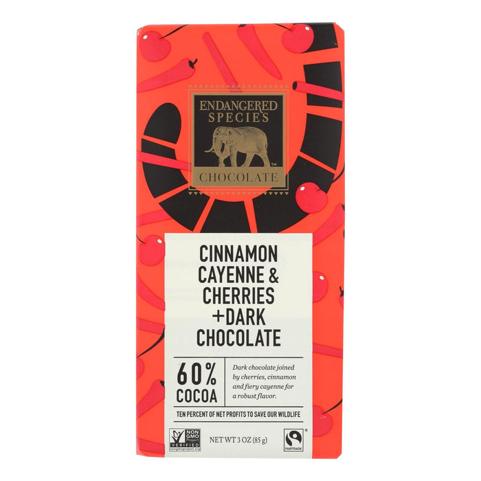 Endangered Species Natural Chocolate Bars (Pack of 12) - Dark Chocolate with 60% Cocoa, Cinnamon Cayenne and Cherries - 3oz Bars.
