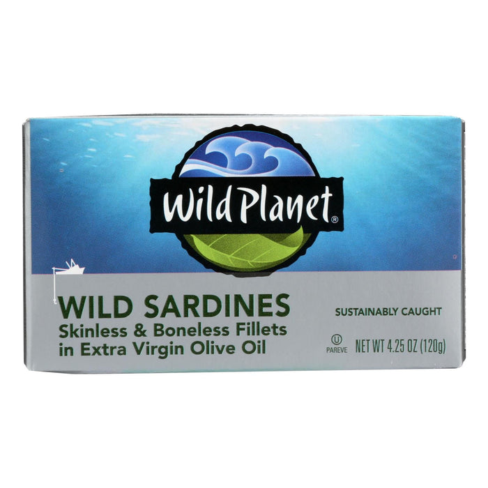 Wild Planet Wild Sardines in Olive Oil, Skinless & Boneless, 4.25 Oz. (Pack of 12)