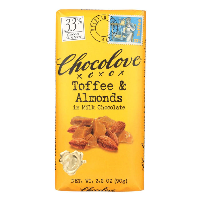 Chocolove Xoxox Premium Milk Chocolate Bar with Toffee & Almonds, 3.2 Oz Bar (Pack of 12)