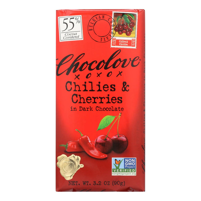 Chocolove Xoxox Premium Chocolate Bar: Decadent Dark Delight with Spicy Chilies and Sweet Cherries (Pack of 12, 3.2 Oz Bars)