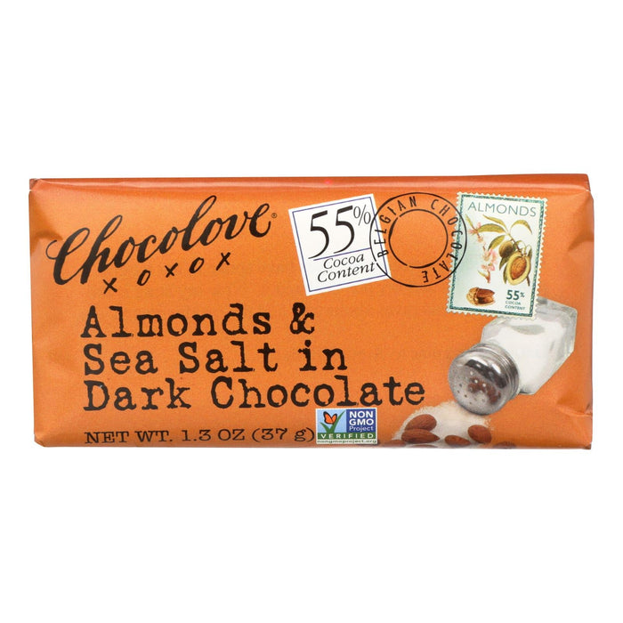 Chocolove Xoxox Dark Chocolate Bar with Almonds and Sea Salt (Pack of 12 Mini 1.3 Oz Bars)