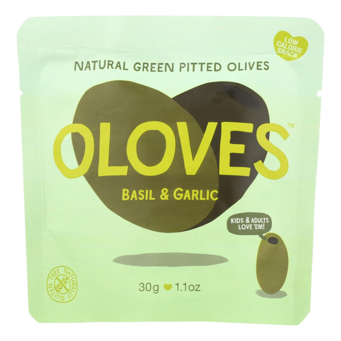 Oloves Green Pitted Olives | Basil & Garlic Flavor | 1.1 Oz. (Pack of 10)