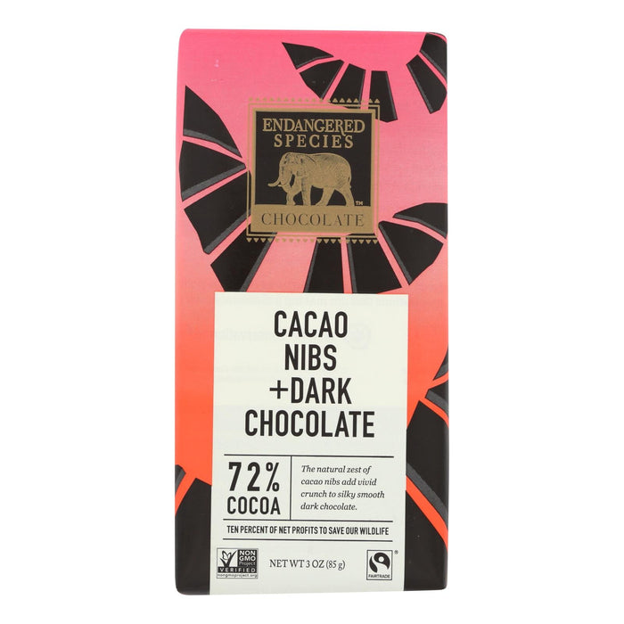 Endangered Species Dark Chocolate Bars (Pack of 12) - Natural, 72% Cocoa with Cacao Nibs - 3 Oz.
