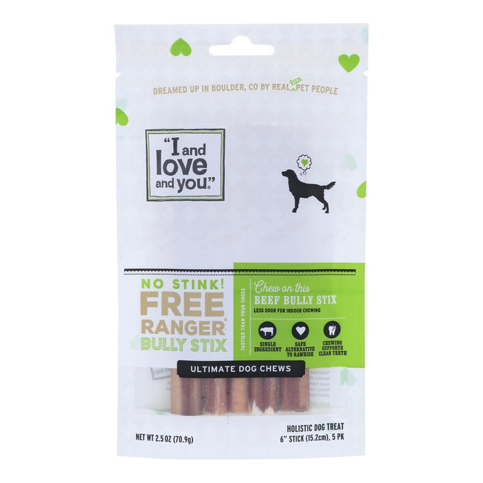 I and Love and You Dog Chews - No Stinky Free-Range Bully Stix (Pack of 6 - 5 Pcs)