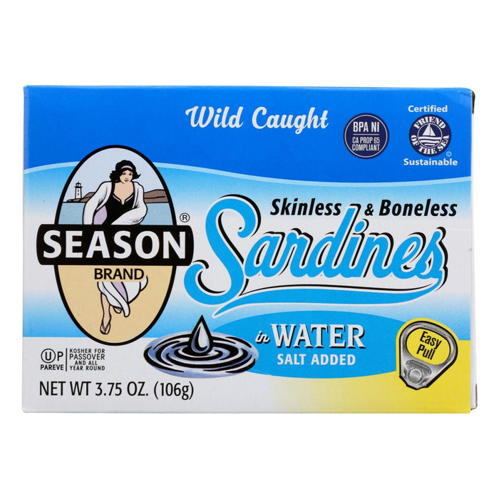 Season Skinless and Boneless Sardines in Water with Salt (Pack of 12) - 3.75 Oz Each