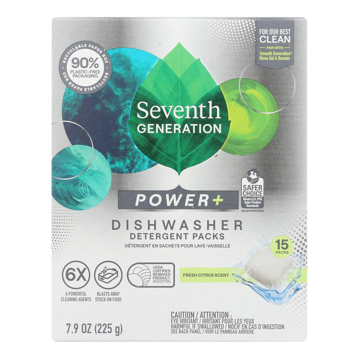 Seventh Generation Power+ Fresh Citrus Dishwasher Detergent Packs, Case of 6, 15 Count Packs